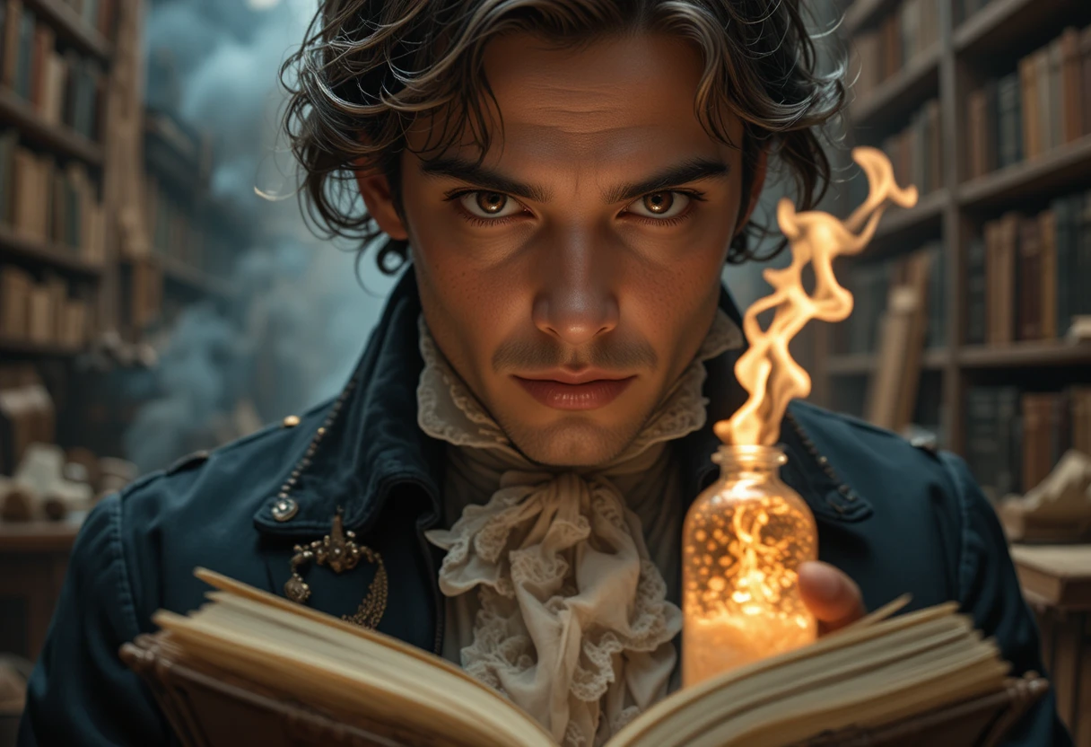 Jovem cavalheiro estudando um elixir brilhante em uma biblioteca escura