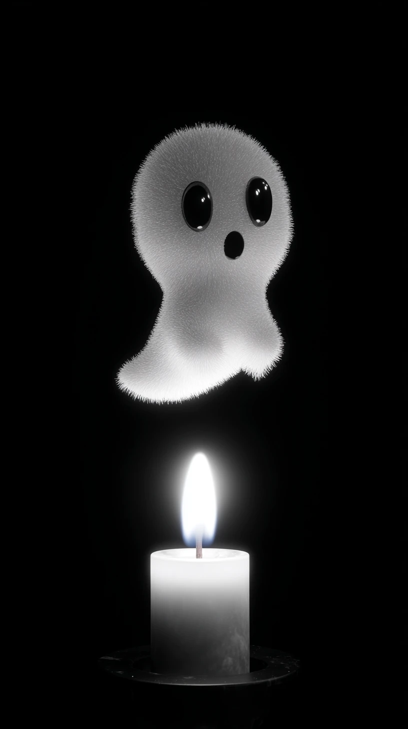 Fantasma fofo flutuando sobre vela com fumaça suave