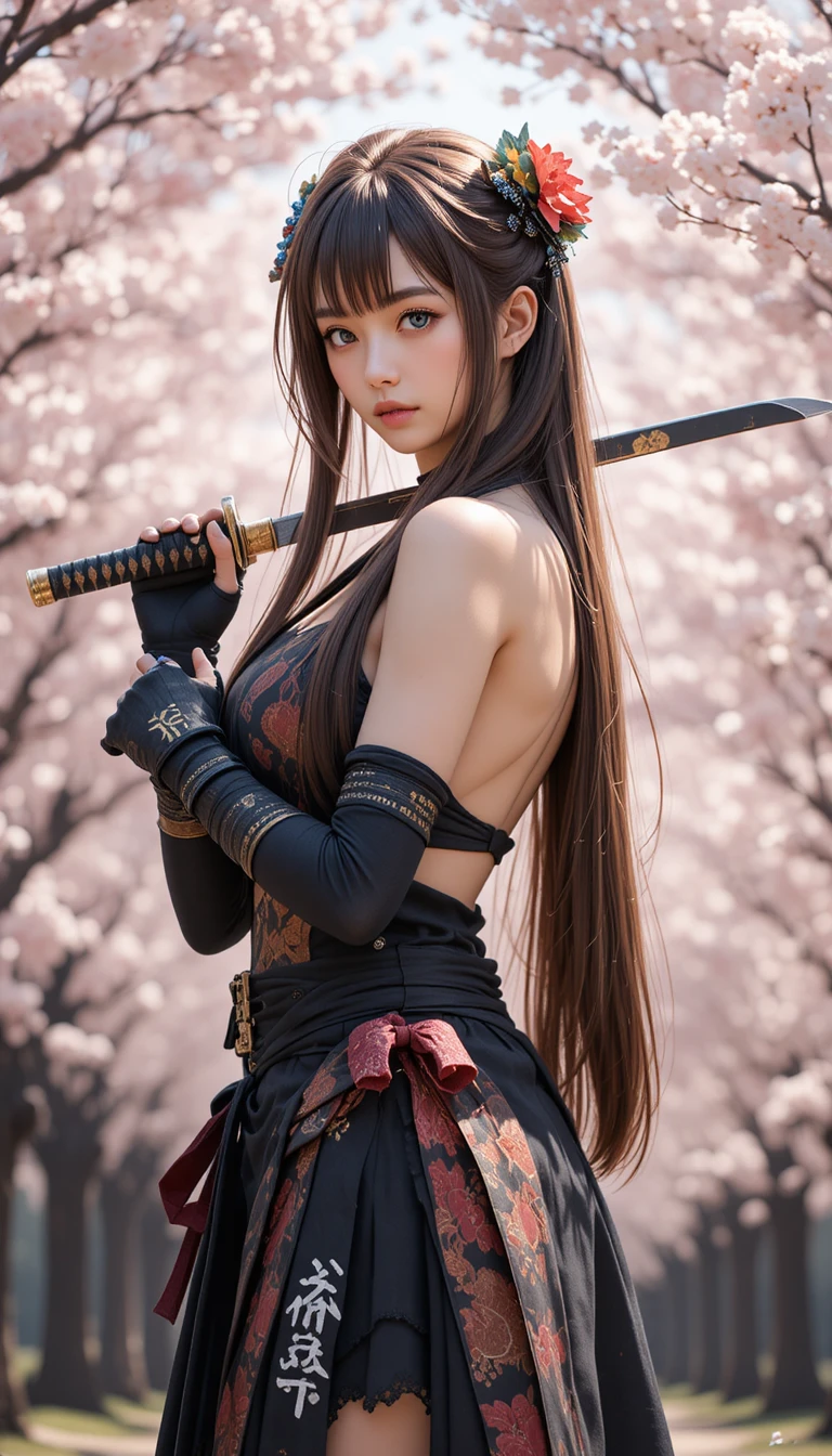 Ragazza giapponese in stile samurai con katana tra i fiori