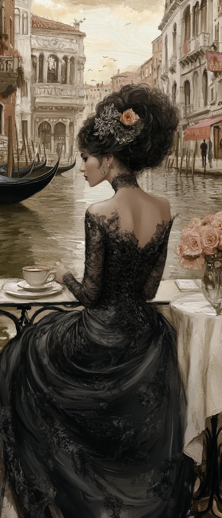 Elegant woman in black gown at venice canal cafe