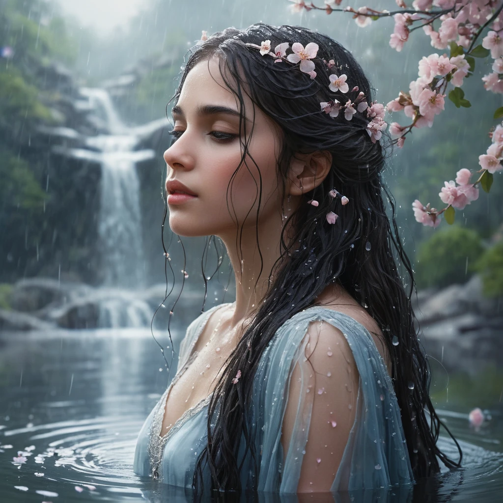 Donna che emerge da un lago piovoso con fiori tra i capelli