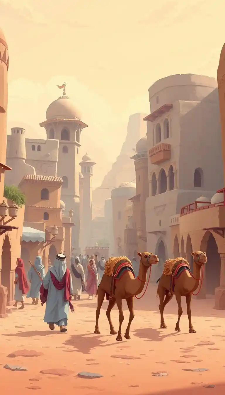 Cartoon ancient Arab city with camels and people walking