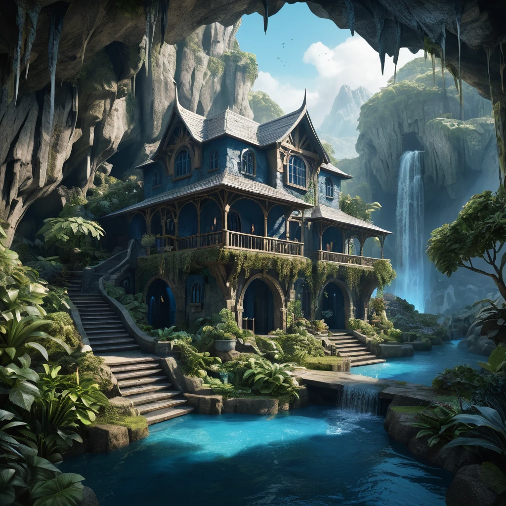Casa caverna de luxo em uma exuberante paisagem montanhosa de fantasia