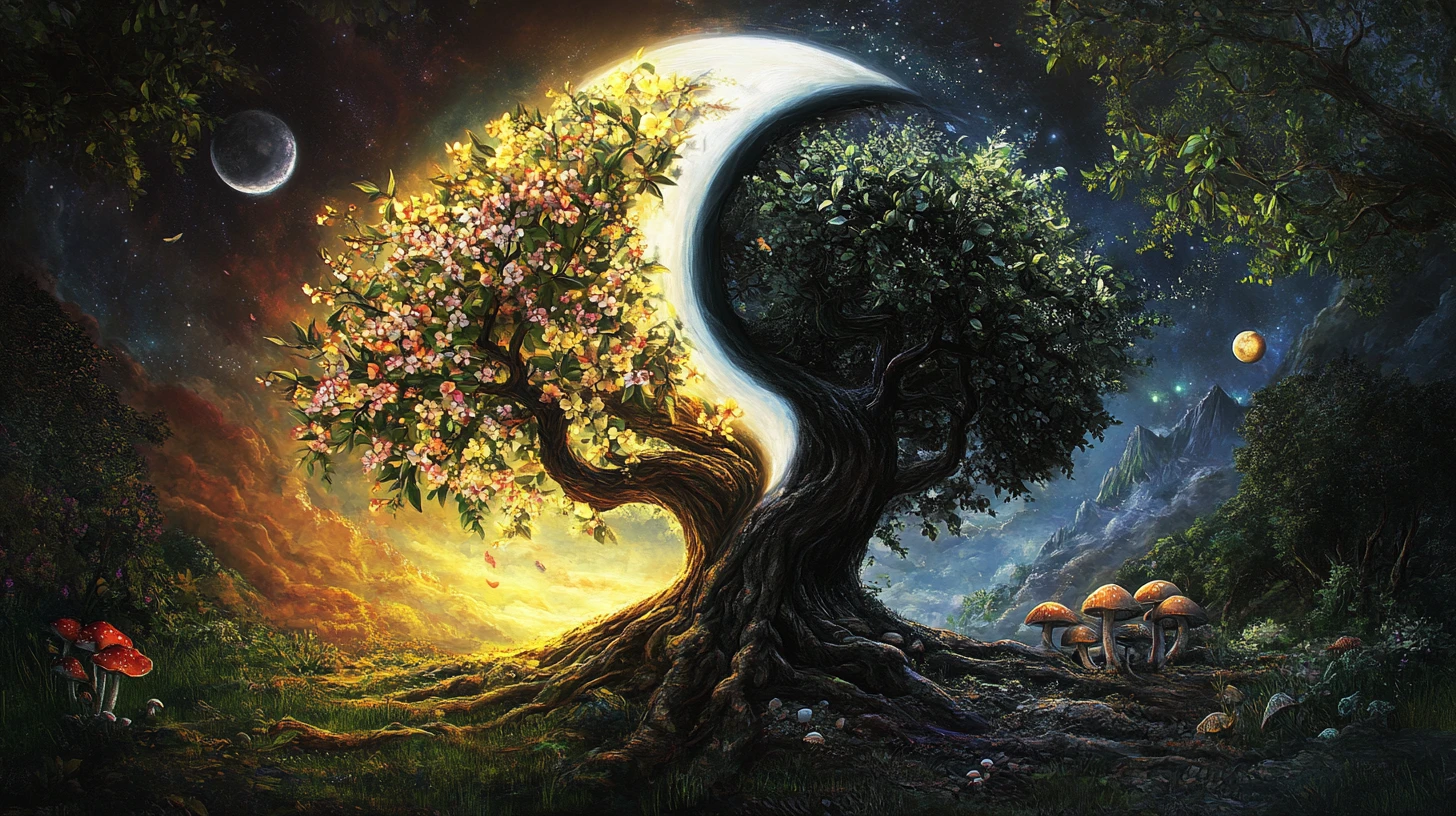 Alberi yin e yang di vita e decadimento in equilibrio magico