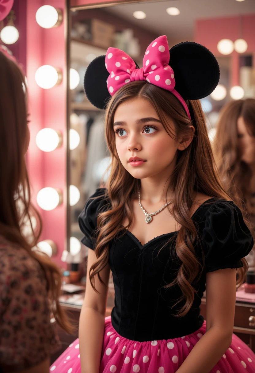 Menino apreensivo de vestido da Minnie em frente ao espelho de maquiagem da boutique