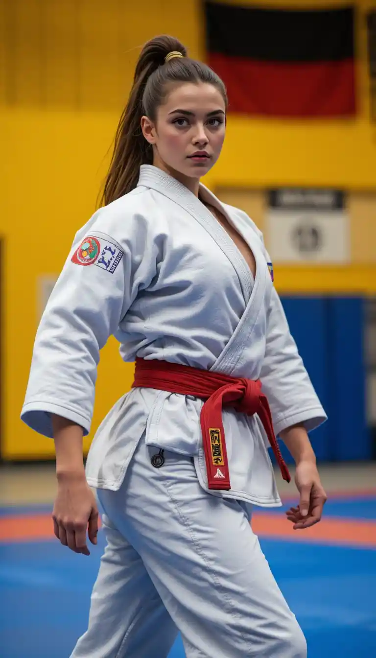 Focused female judoka executing o soto gari in dojo