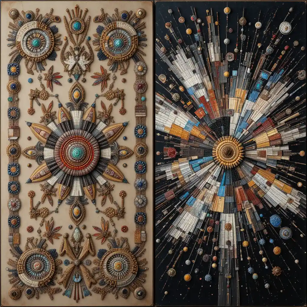 Plains beadwork beside abstract cosmic pattern diptych painting