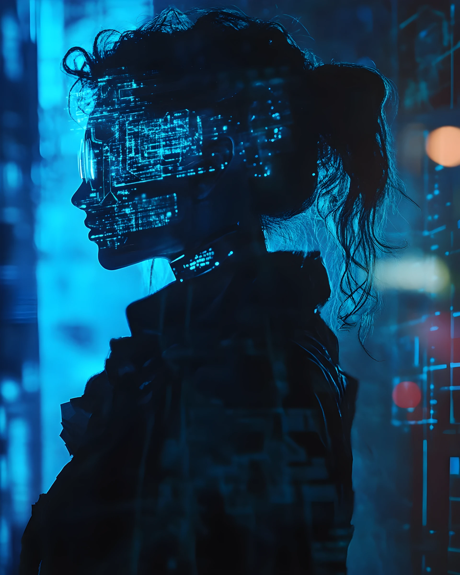 Holograma cyberpunk feminino em luz ciano noir e sombria