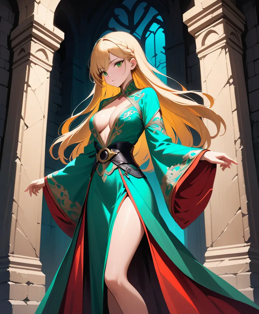 Fantasy woman in red gown standing in ancient stone hall