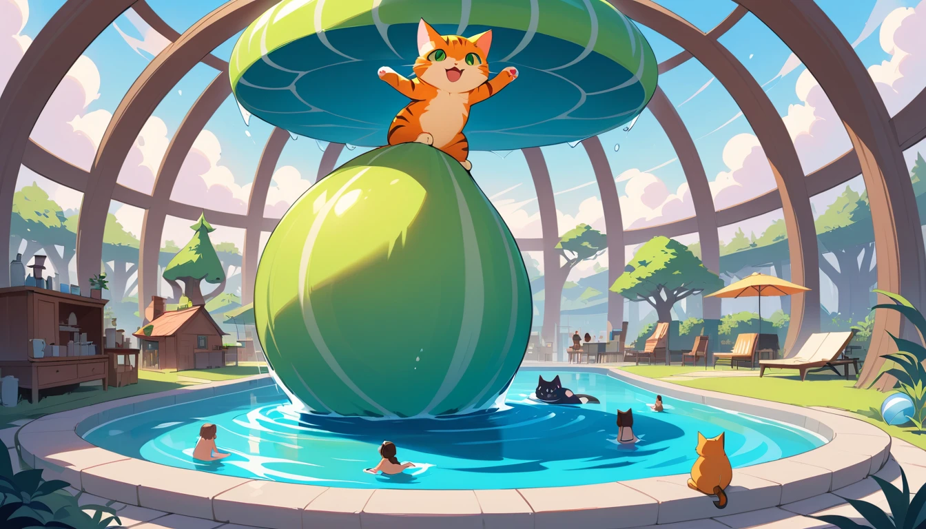 Chat géant de dessin animé dominant avec malice une petite maison