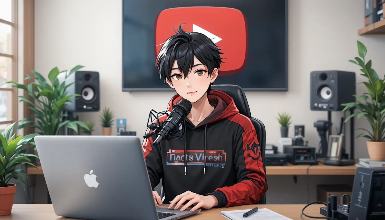 Anime-Junge nimmt am Computertisch mit Mikrofon auf
