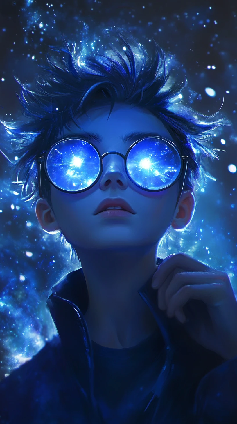 Anime boy with glowing blue hair in a cosmic scene