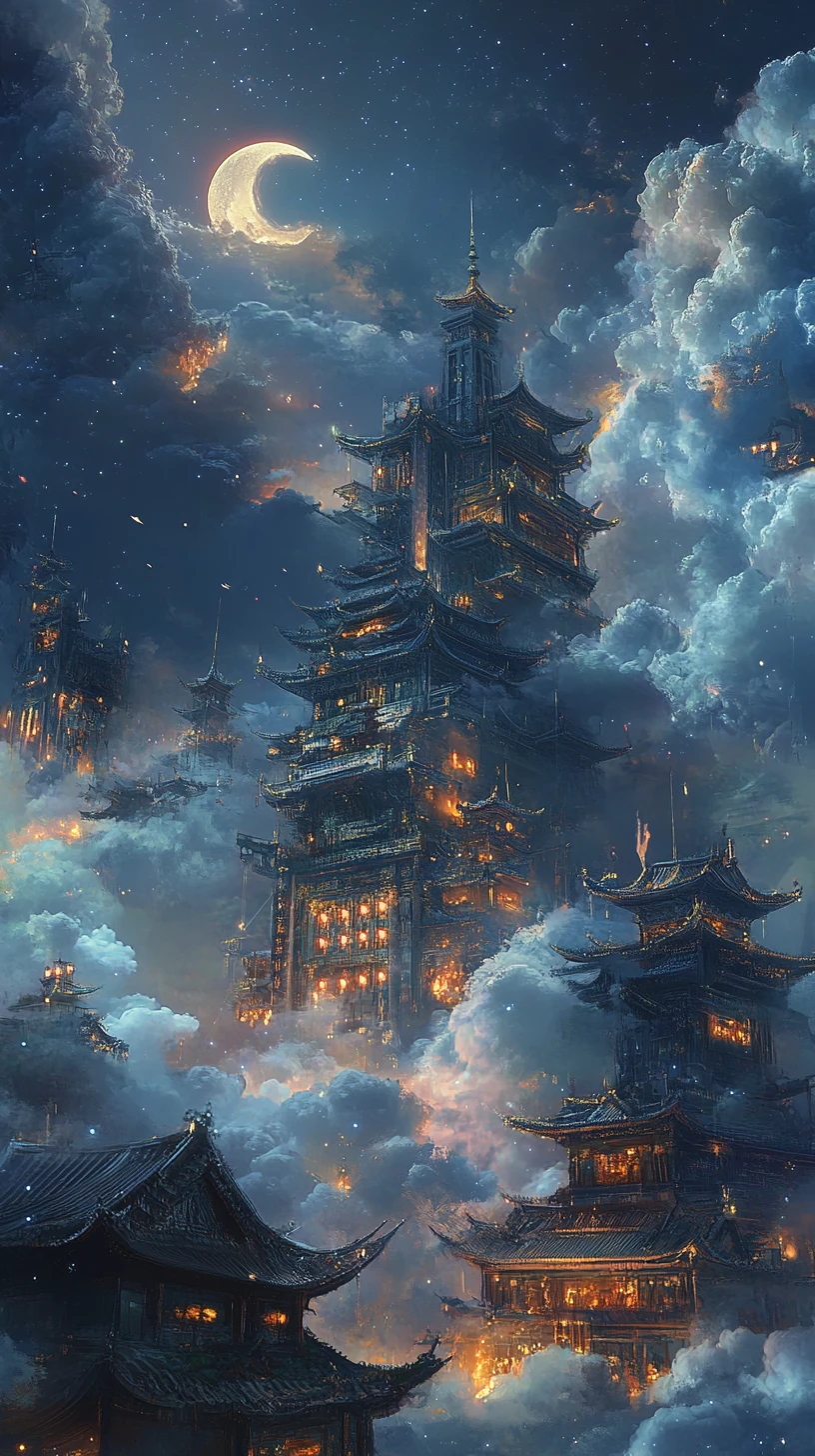 Fantasievolle asiatische Wolkenpaläste unter Mondsicheln und Sternen