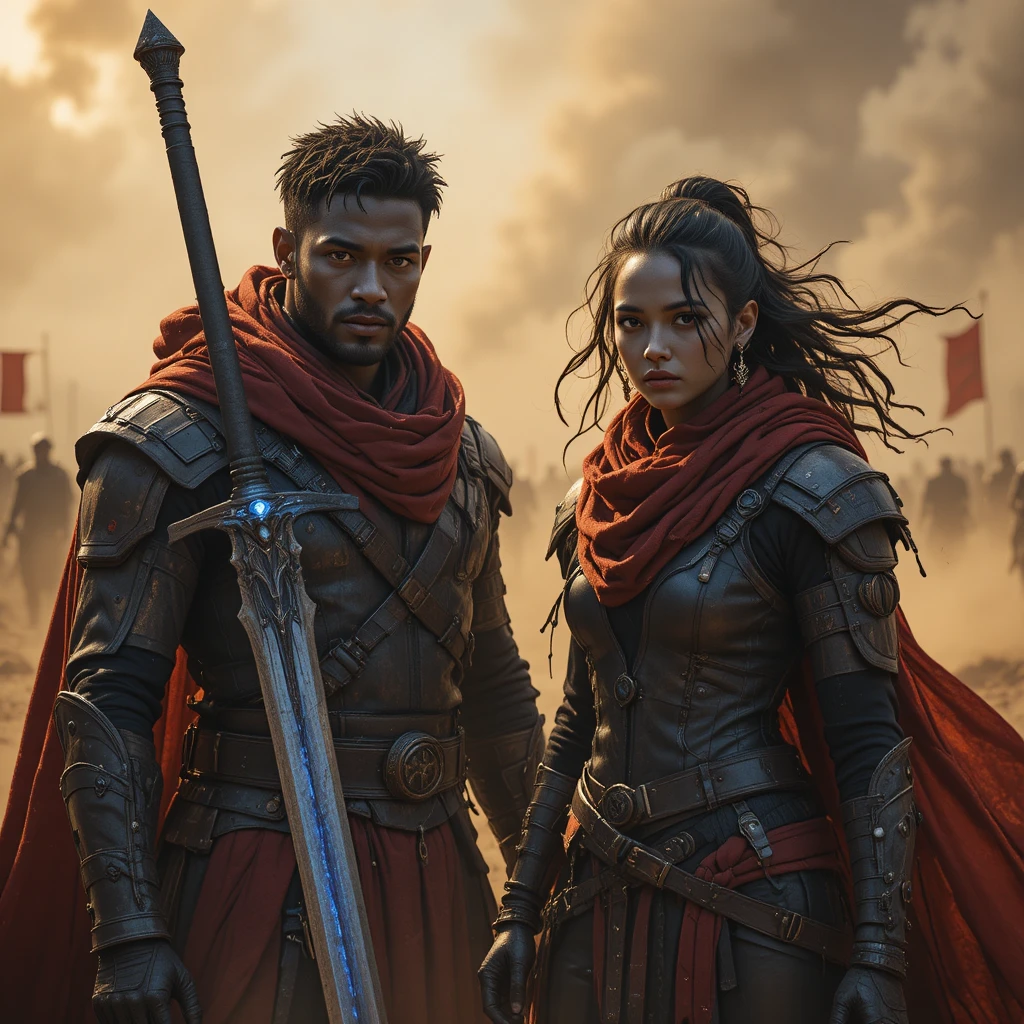 Black warriors stand in cinematic light amid golden war dust