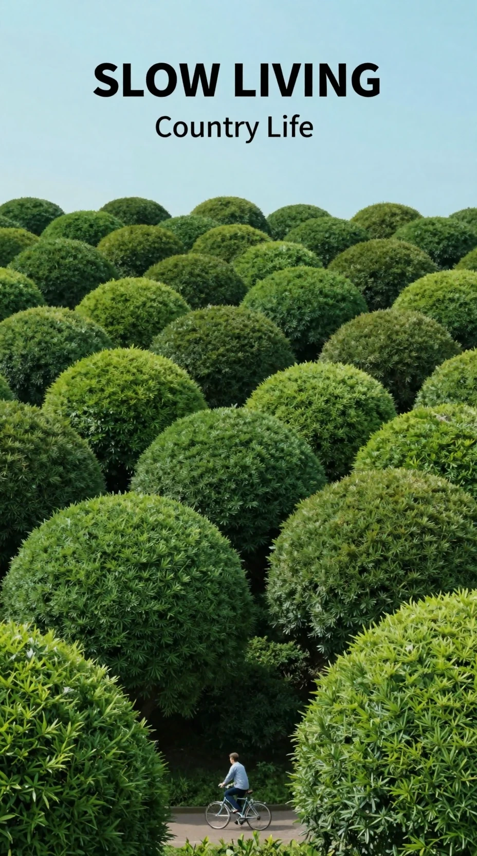 Homem pedalando por paisagem de topiárias verdes arredondadas sob céu azul