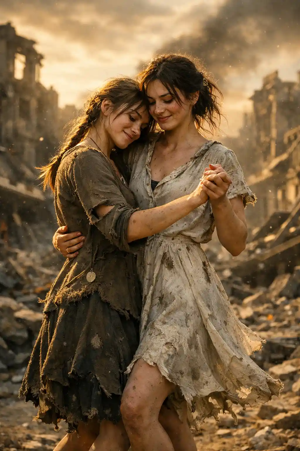 Two women waltzing barefoot in a ruined city at sunset