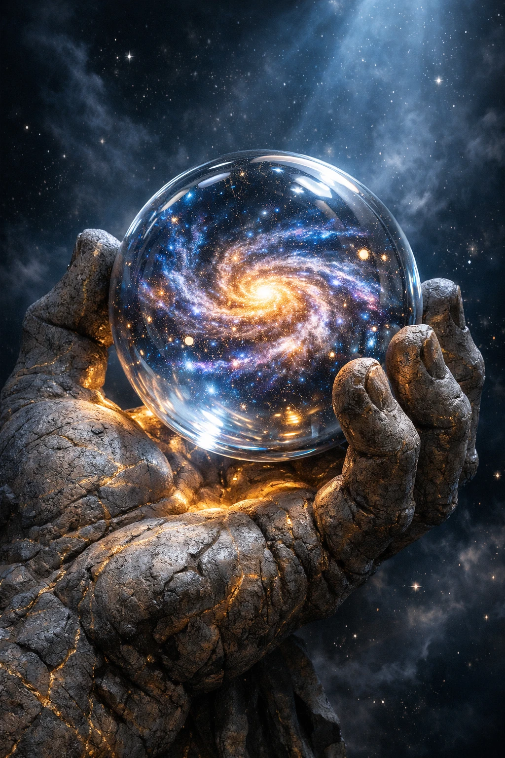 Göttliche Steinthand hält eine leuchtende Galaxie-Glaskugel