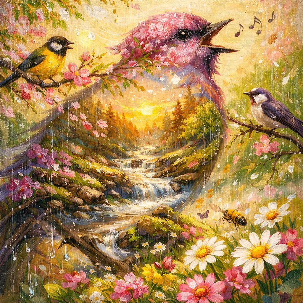 Oiseaux joyeux à l’aube dans une scène de forêt printanière