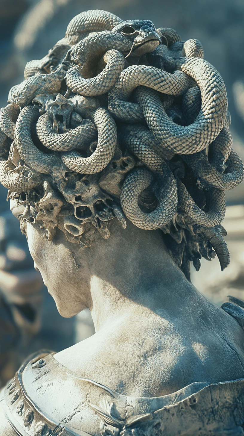 Primer plano del cabello de serpientes de Medusa y guerrero congelado