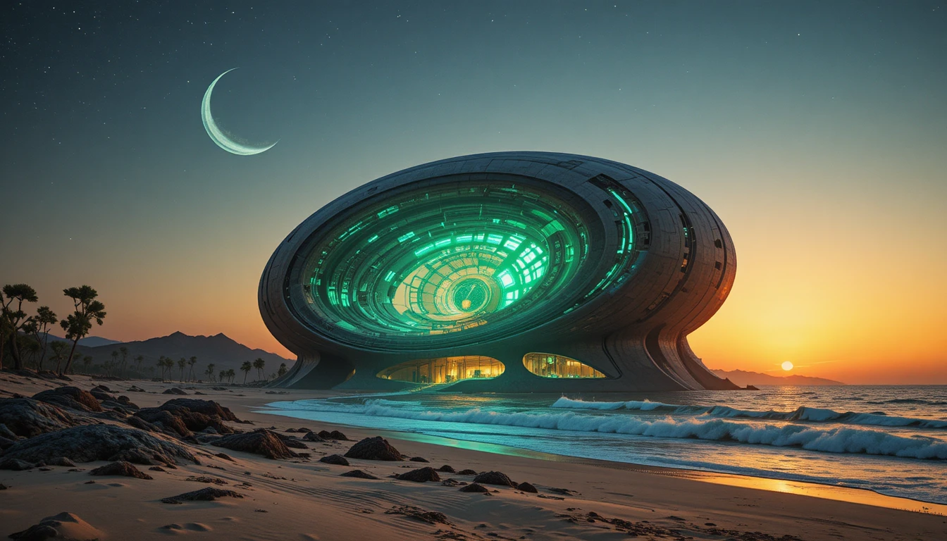 Futuristisches Spiralförmiges Wüstengebäude unter Sonnenuntergangshimmel