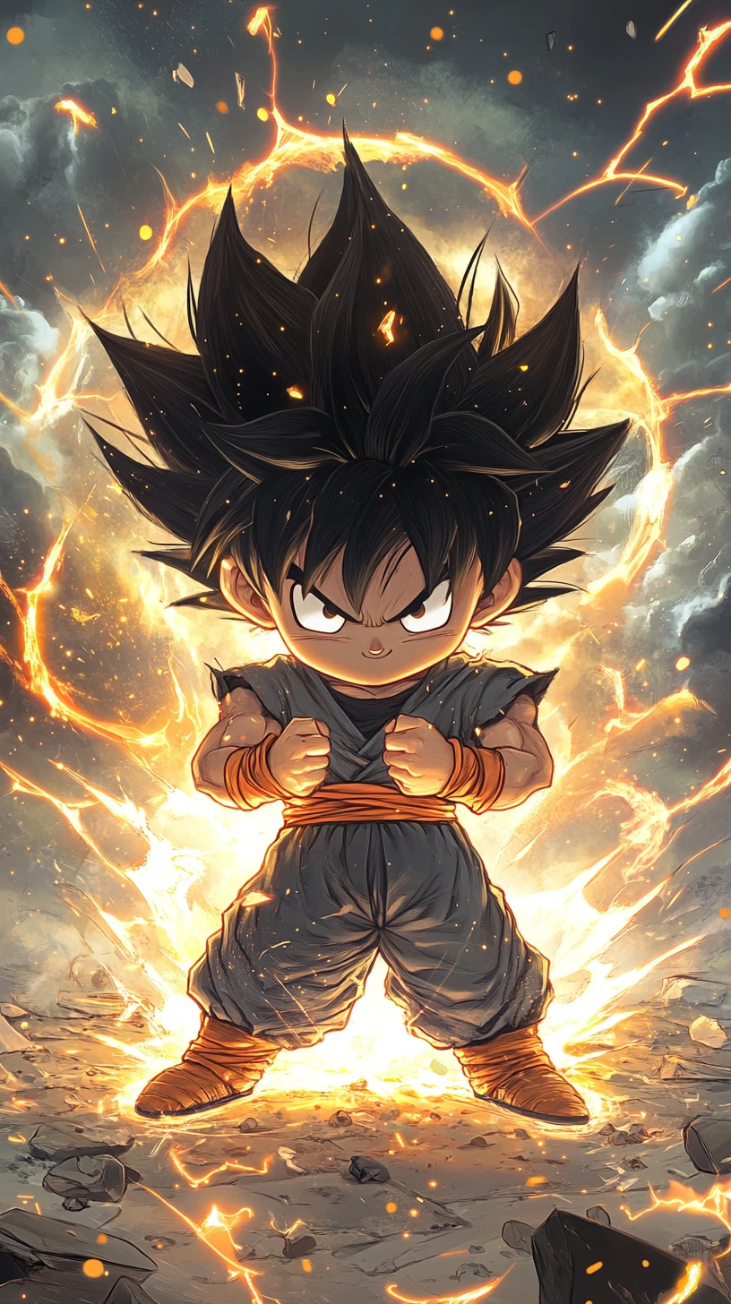 Chibi warrior unleashing golden energy in smoky battleground
