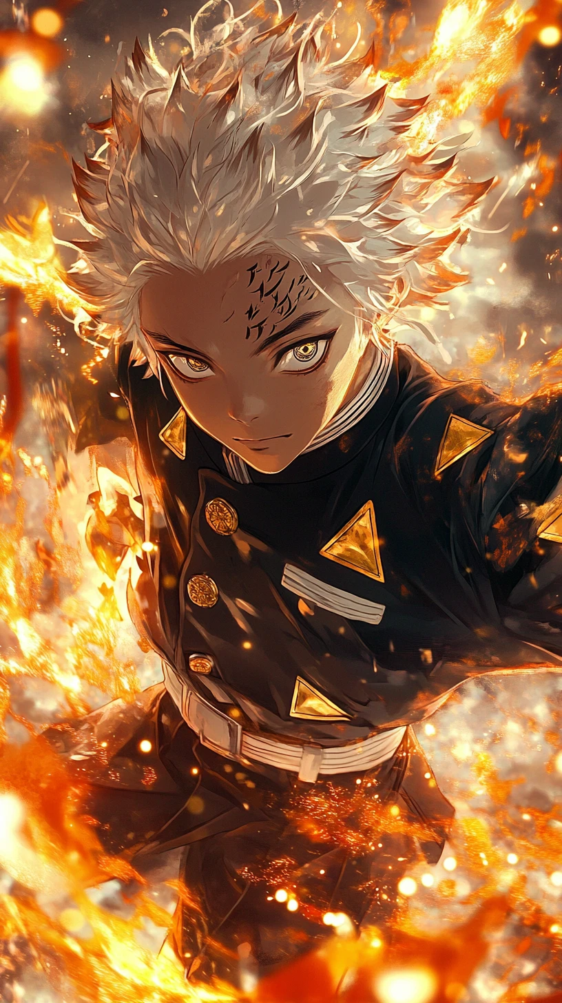 Anime boy in black uniform amid fiery glowing energy