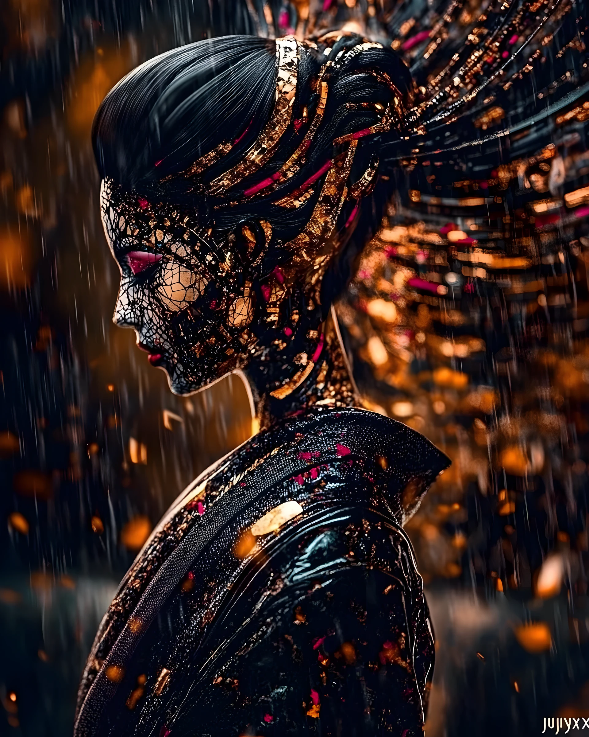 Cyberpunk geisha portrait with glitch digital background