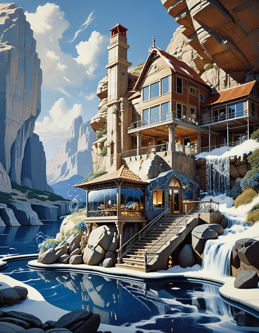 Maison-grotte de luxe dans un paysage de montagne fantastique et luxuriant