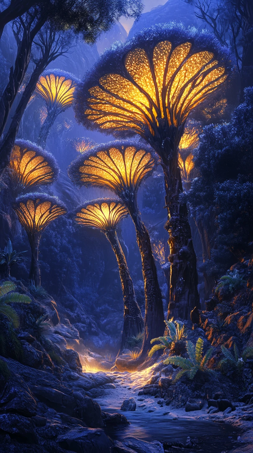 Árvores fantásticas luminescentes sobre um riacho azul enevoado no cânion