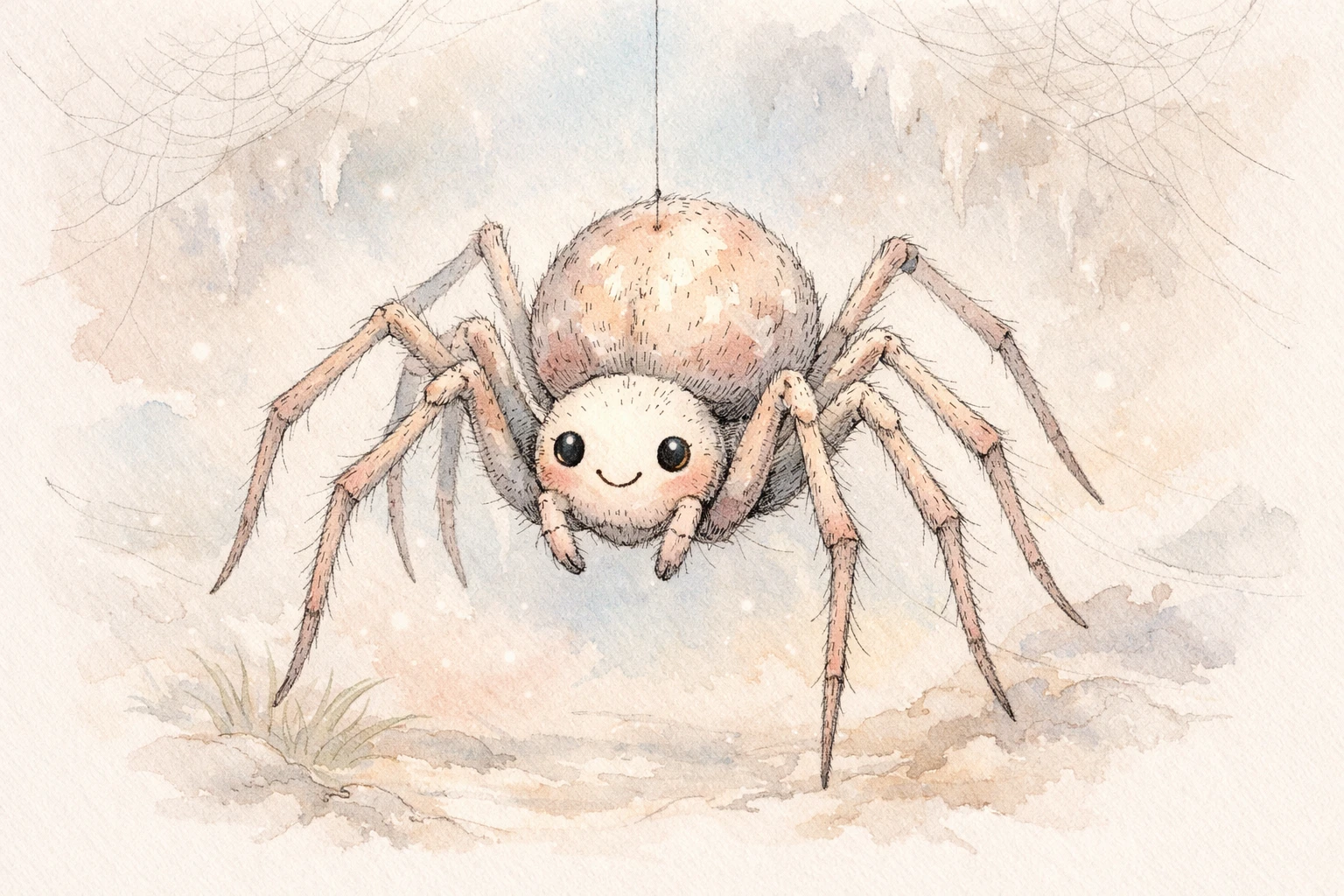 Zarte Feder- und Aquarellillustration einer lächelnden Höhlenspinne