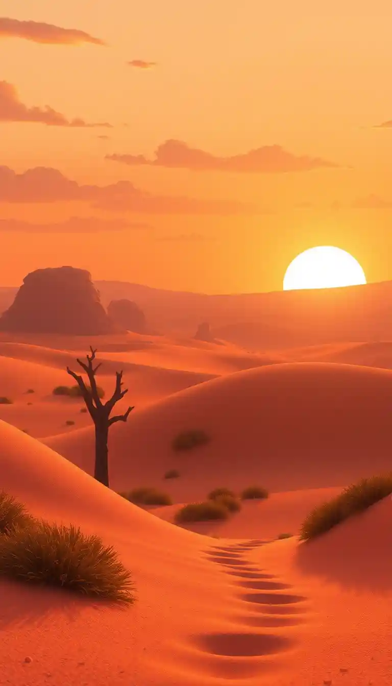 Paisaje Desértico de Dibujos Animados y Pacífico al Amanecer Cálido