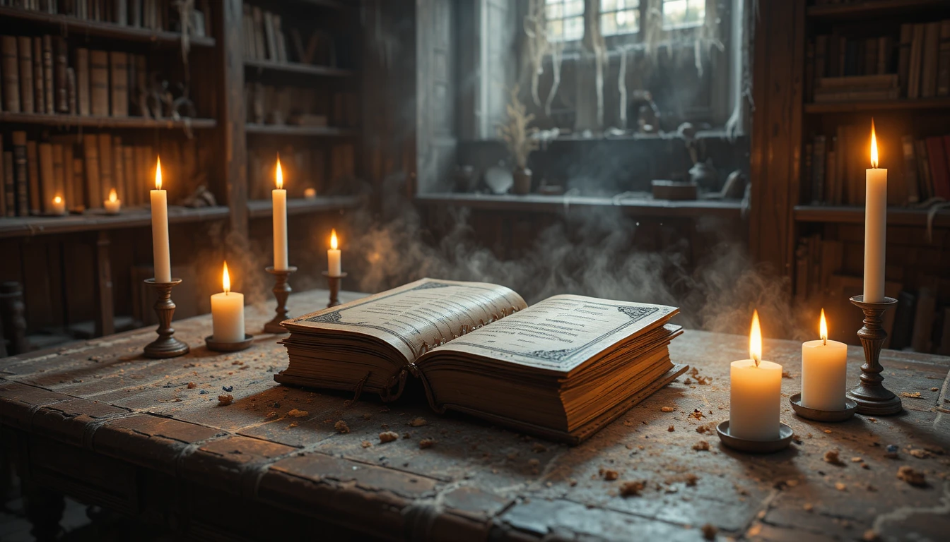 Antigo livro de feitiços sobre mesa empoeirada iluminada por velas quentes