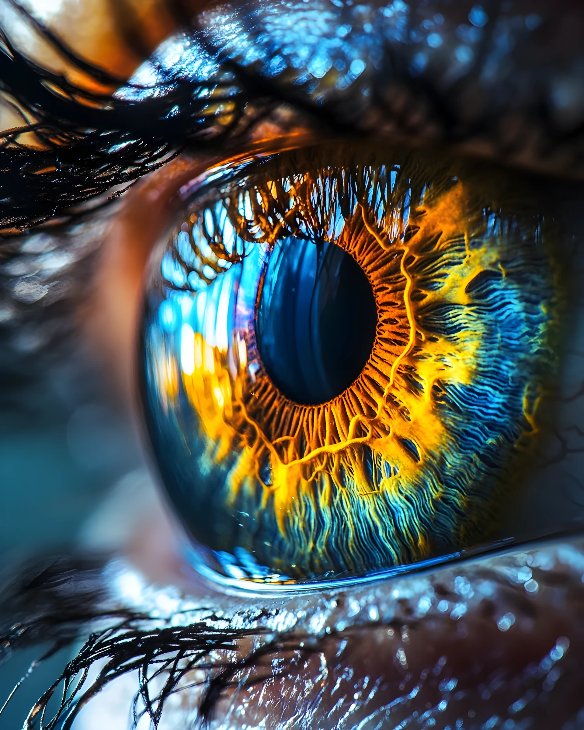 Close macro de um olho humano com cores iridescentes em chamas