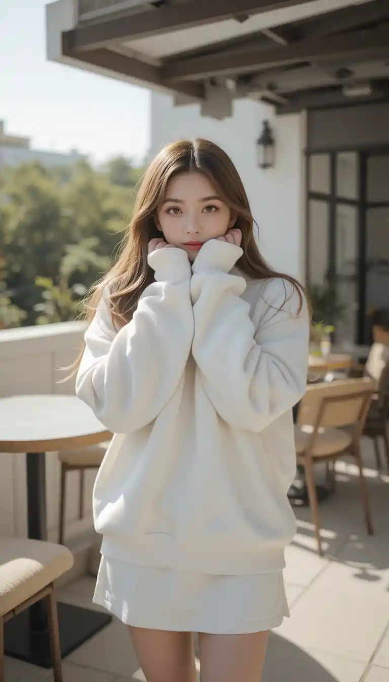 Japanese girl on a bright minimalist cafe terrace