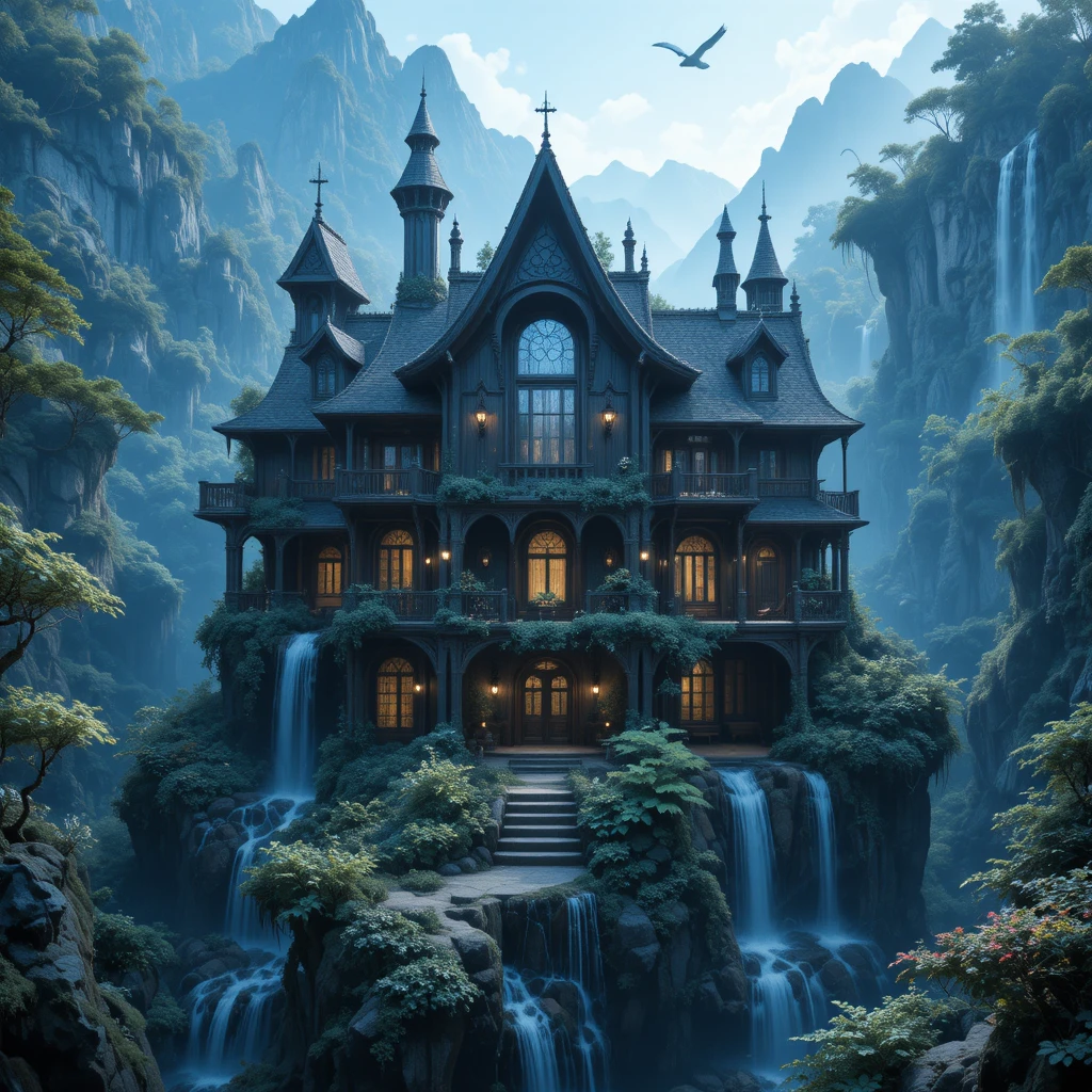 Luxuosa casa caverna de dois andares em uma paisagem montanhosa fantástica