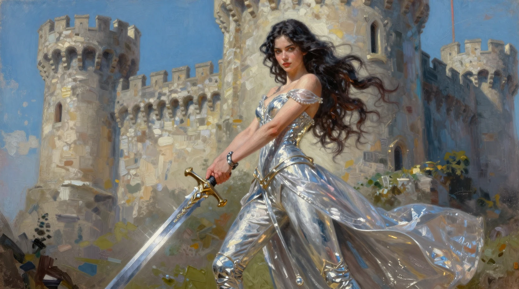 Guerriera fantasy davanti a un imponente castello medievale