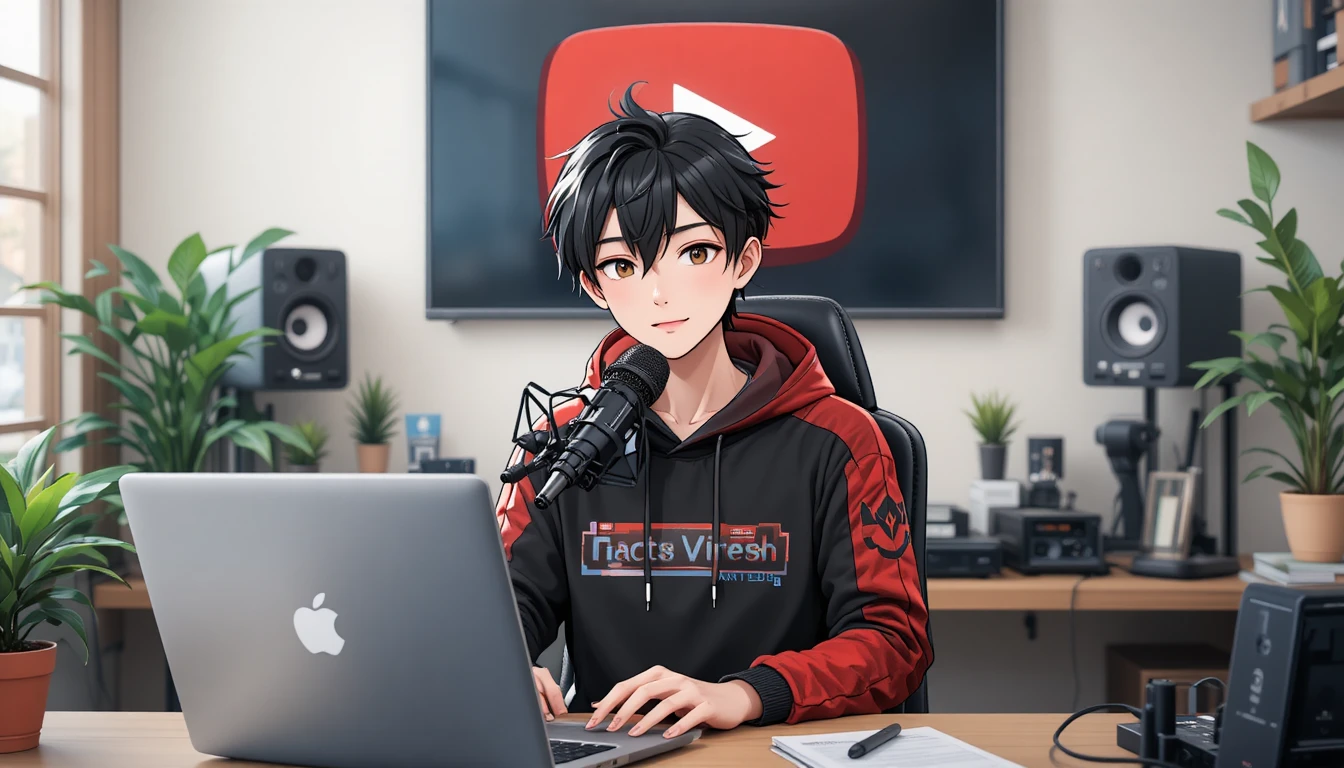 Garçon d’anime enregistrant à un bureau d’ordinateur avec microphone