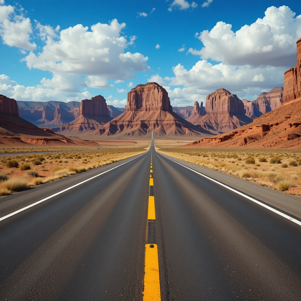 Desert highway leading to towering red rock cliffs
