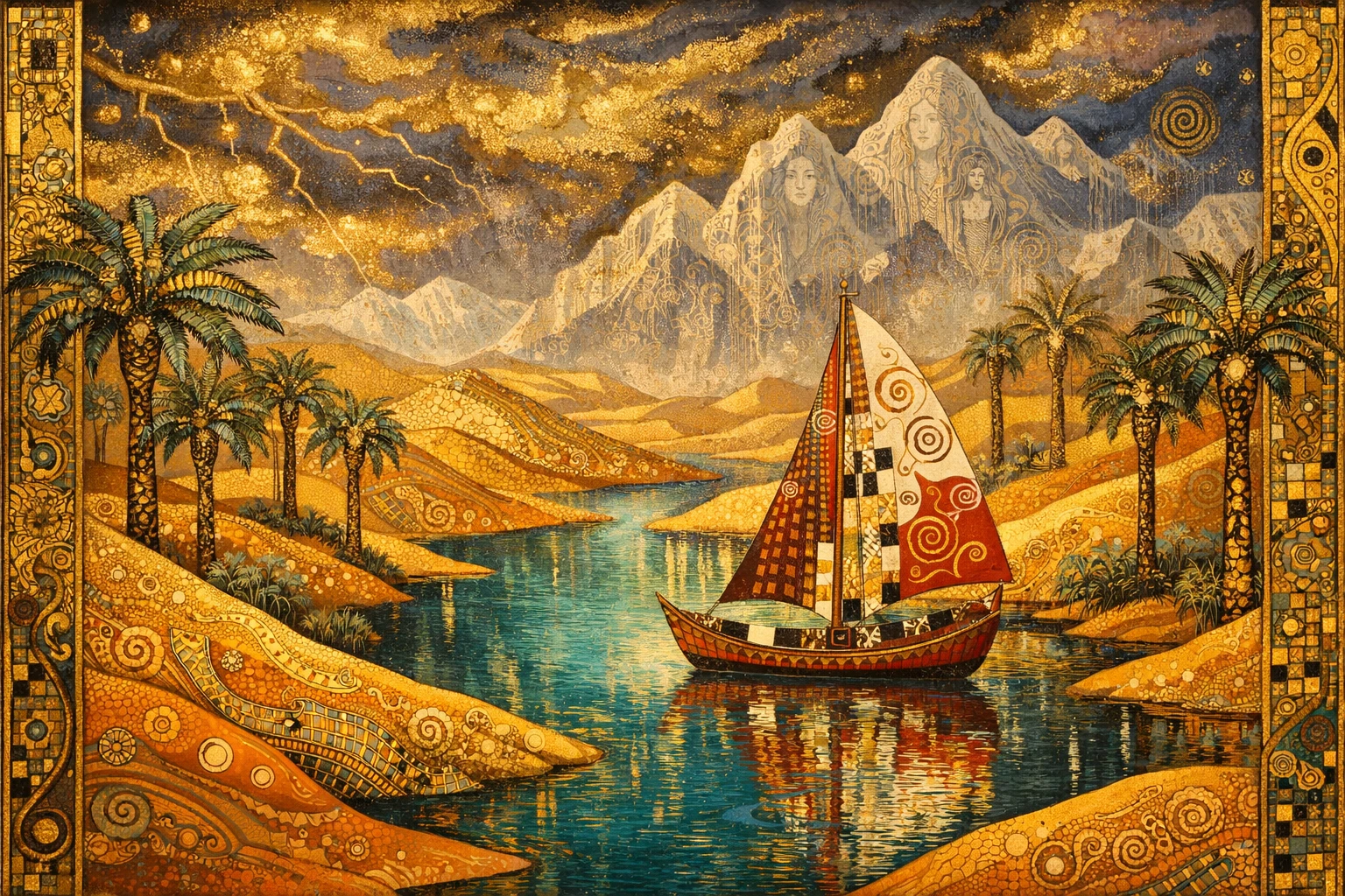 Surreal Desert Oasis With Turquoise River And Gilded Dunes