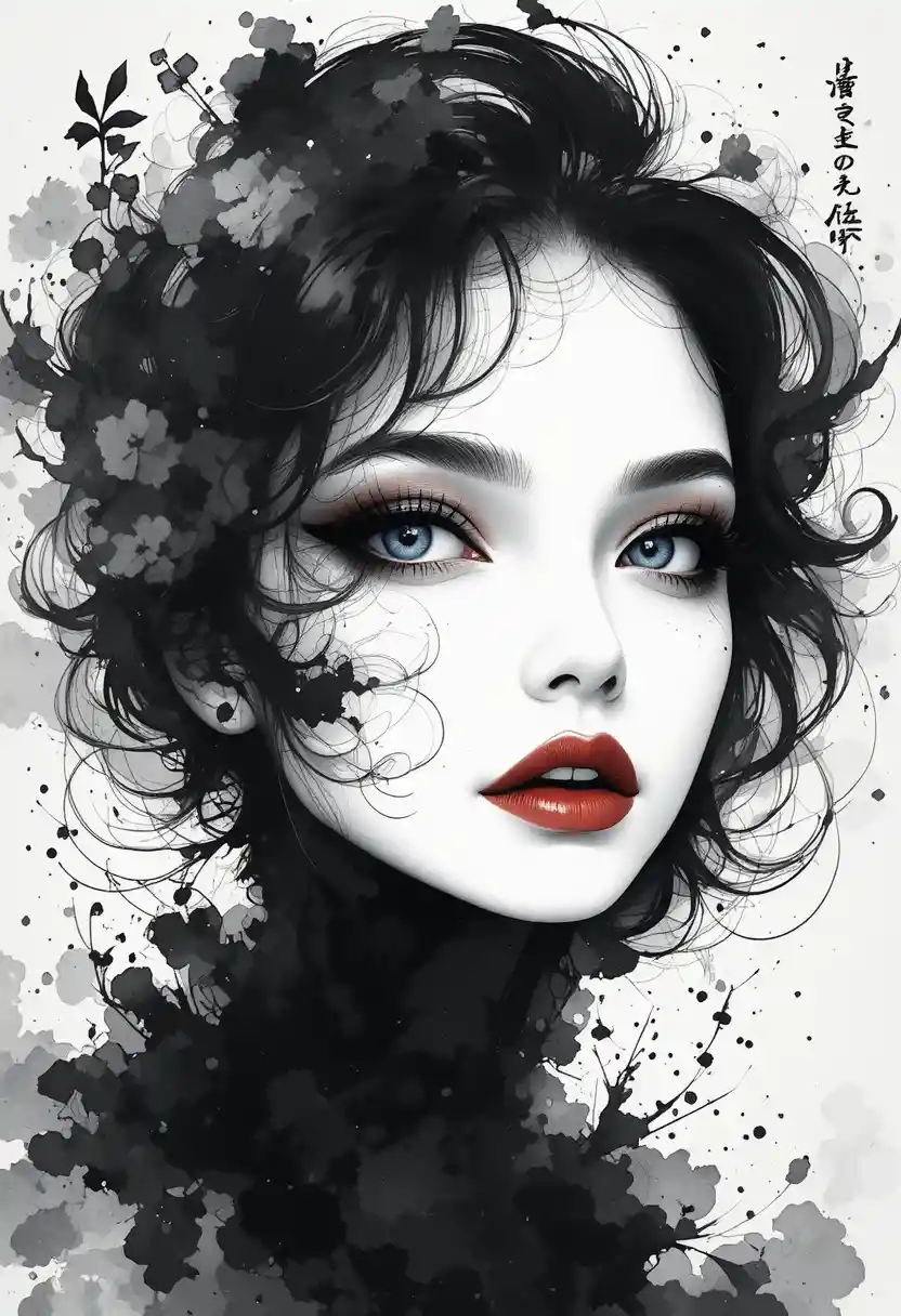 Retrato etéreo em nanquim de uma mulher com olhos azuis