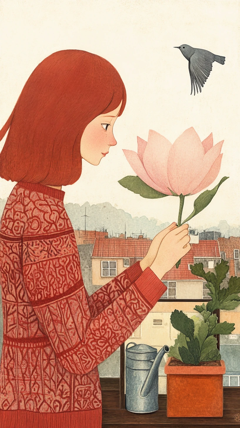 窓辺でピンクの花に水やりをする赤髪の女の子