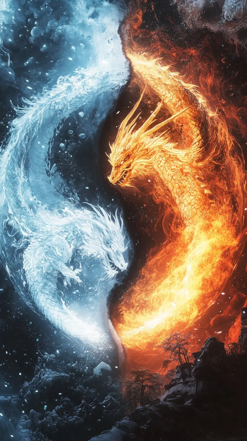 Yin-Yang-Design mit gegensätzlichen Eis- und Feuerdrachen