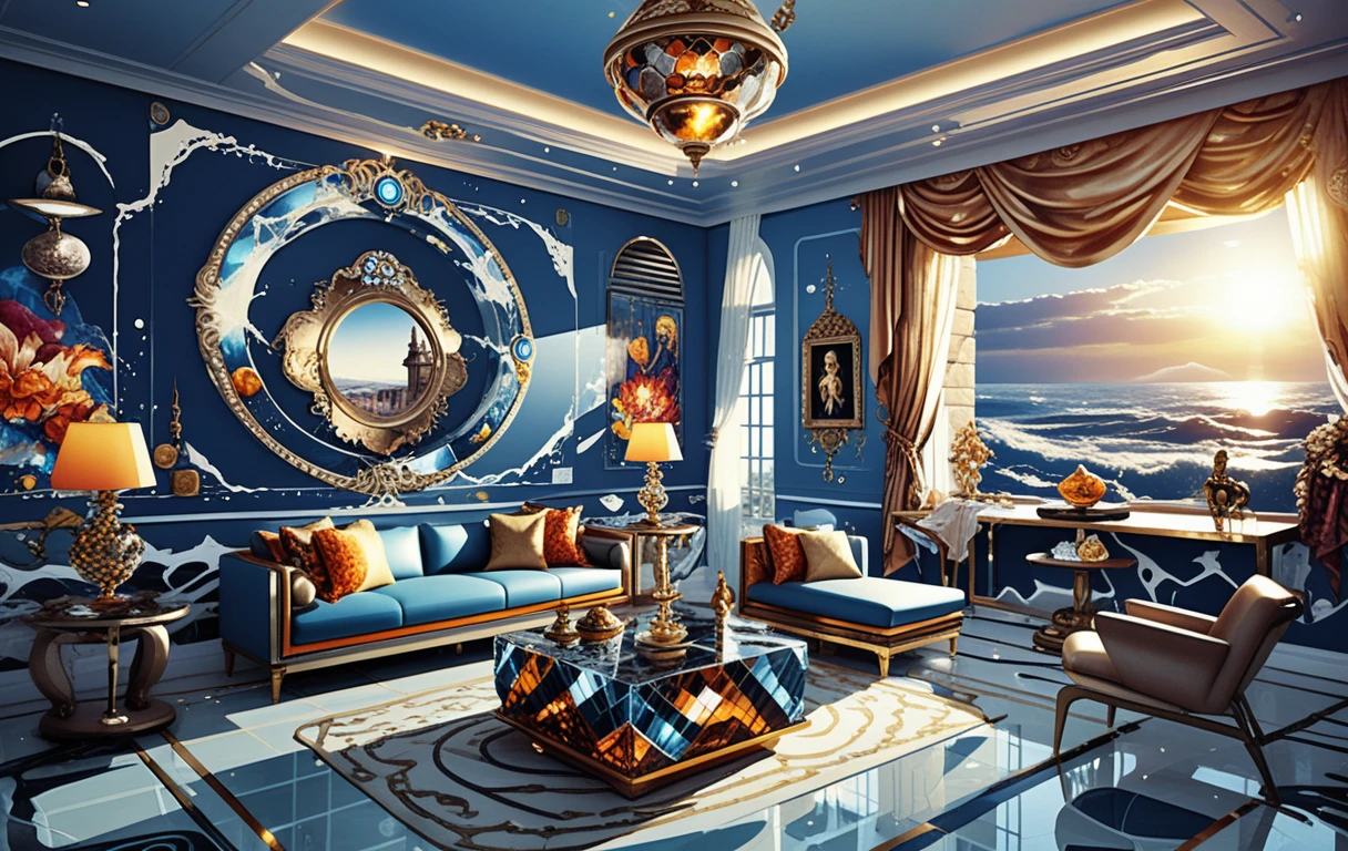 Interior de vila dark fantasy com sala de estar e cozinha luxuosas