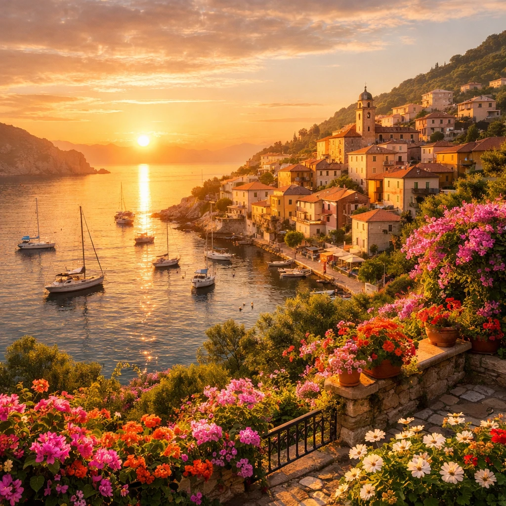 Sunrise over a tranquil Mediterranean hillside village