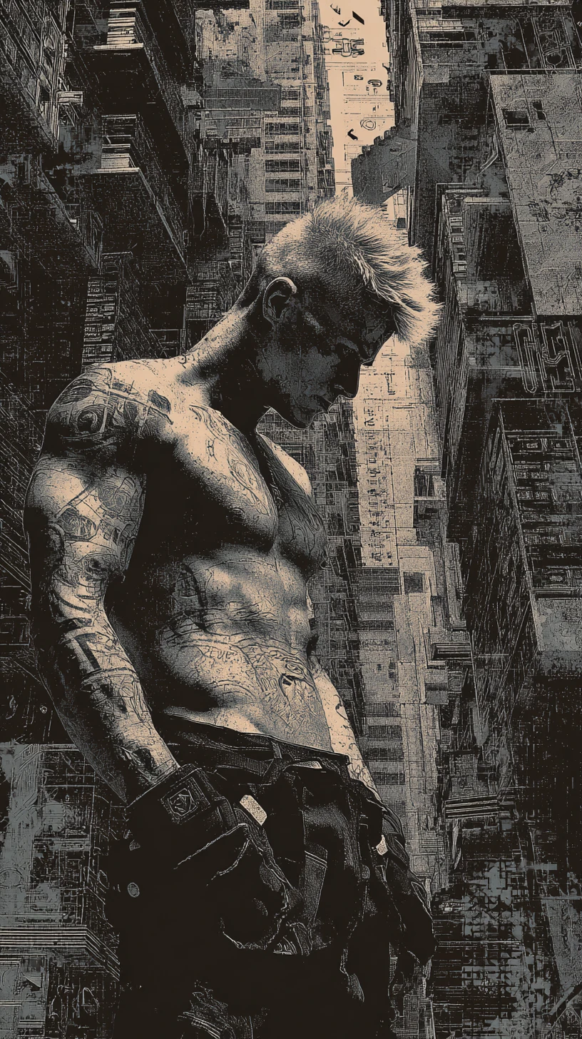Guerreiro cyberpunk em um cenário urbano de concreto surreal em dois tons