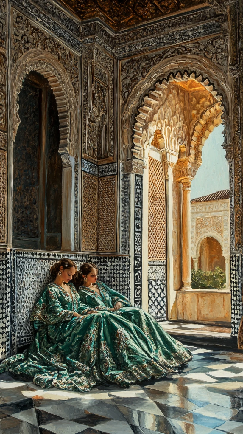 Mulheres adormecidas em túnicas esmeralda em um riad banhado de sol