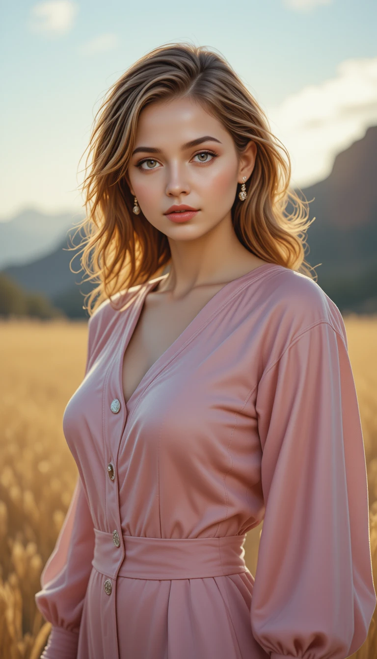 Confident woman in sunlight with cinematic studio backdrop