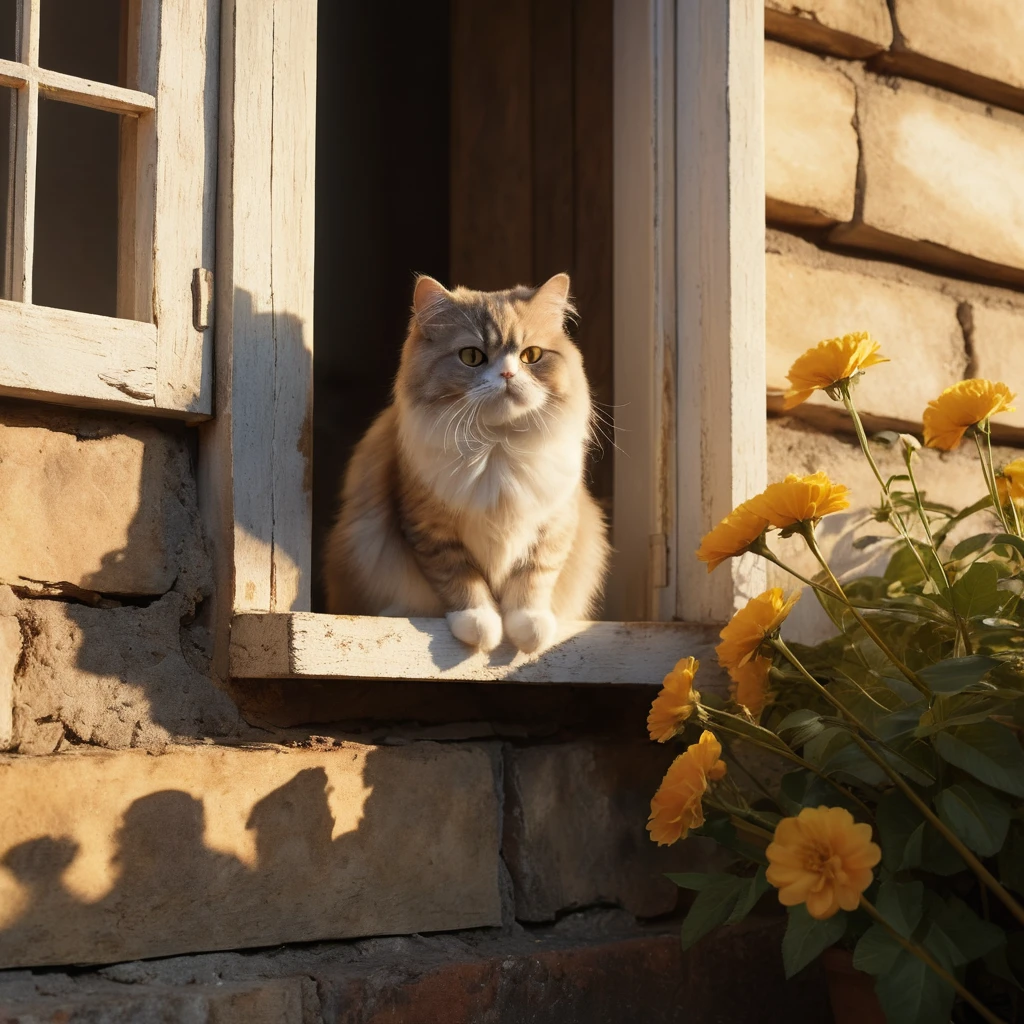 日差しの差し込むコテージの壁際でネズミ穴を見つめるペルシャ猫