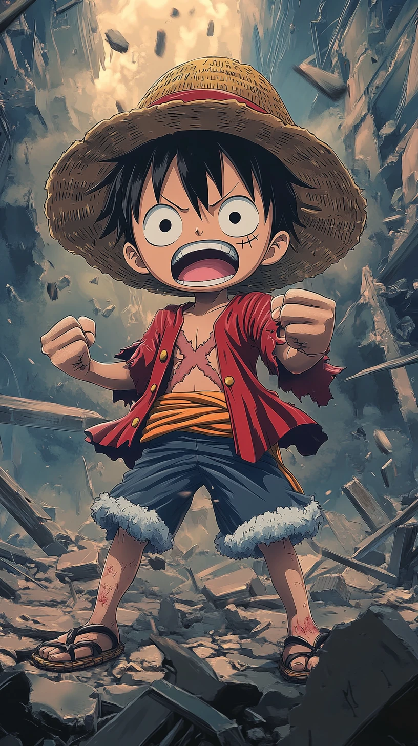 Angry chibi fighter in ruined city under dramatic light
