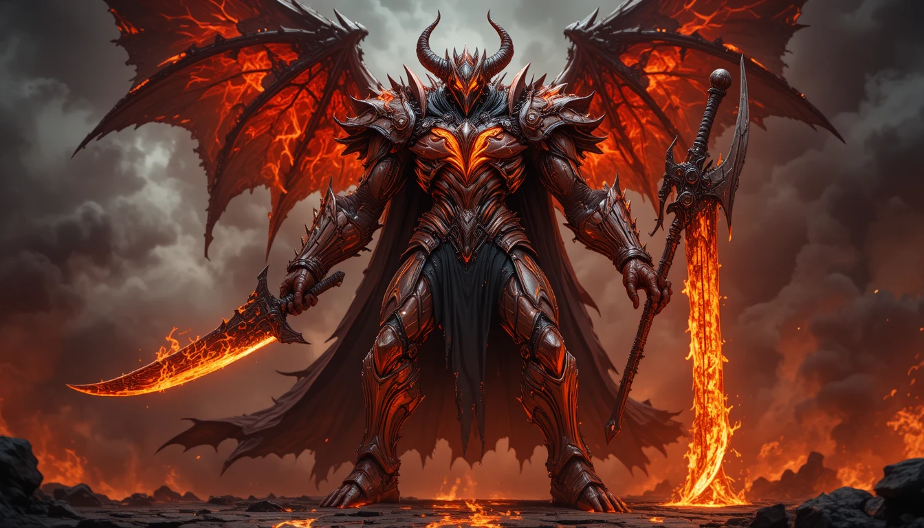 Guerreiro demoníaco colossal com armas flamejantes em ruínas infernais